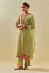 Buy_KORA_Green Dupatta Silk Floral Applique Embellished Chevron Kurta Pant Set _Online_at_Aza_Fashions