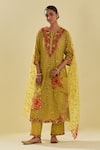 KORA_Yellow Dupatta Silk Chevron Applique Embellished Kurta Pant Set  _at_Aza_Fashions