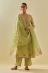 Buy_KORA_Green Anarkali And Panttissue Chanderi Floral Cluster Pant Set _at_Aza_Fashions