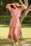 Banera_Pink Cotton Voil Lace Mandarin Collar Marta Tiered Ruffle Dress _Online_at_Aza_Fashions