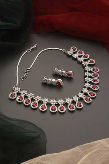 Shop_Swabhimann_Red Zari, Stones Floral Zirconia Studded Necklace Set _at_Aza_Fashions