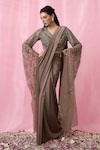 Buy_Alaya Advani_Brown Saree Imported Korean Silk Leaf Pre-draped With Embellished Blouse_at_Aza_Fashions