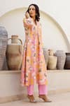 Buy_Chrkha_Pink Chanderi Silk Printed Floral V-neck A-line Kurta Pant Set _Online_at_Aza_Fashions