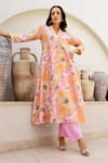 Buy_Chrkha_Pink Chanderi Silk Printed Floral V-neck A-line Kurta Pant Set _at_Aza_Fashions