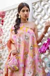 Buy_Chrkha_Pink Chanderi Silk Printed Floral One Shoulder Kaftan With Pant 