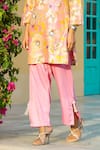 Chrkha_Pink Chanderi Silk Printed Floral V-neck Honeycomb Blossom Kurta Pant Set _Online_at_Aza_Fashions