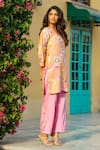 Buy_Chrkha_Pink Chanderi Silk Printed Floral V-neck Honeycomb Blossom Kurta Pant Set _Online_at_Aza_Fashions