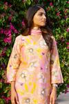 Chrkha_Pink Chanderi Silk Printed Floral V-neck Honeycomb Blossom Kurta Pant Set _at_Aza_Fashions