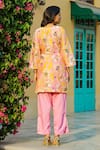 Shop_Chrkha_Pink Chanderi Silk Printed Floral V-neck Honeycomb Blossom Kurta Pant Set _at_Aza_Fashions