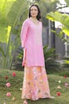 Chrkha_Pink Chanderi Silk Printed Floral Bead Honeycomb Embroidered Kurta Sharara Set _at_Aza_Fashions