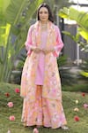 Chrkha_Pink Chanderi Silk Printed Floral Bead Honeycomb Embroidered Kurta Sharara Set _Online