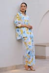 Buy_Chrkha_Blue Cotton Satin Printed Floral Collared V Shirt And Pant Set _Online_at_Aza_Fashions