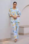 Buy_Chrkha_Blue Cotton Satin Printed Floral Collared V Shirt And Pant Set _at_Aza_Fashions