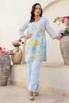 Chrkha_Blue Cotton Satin Printed Floral Round Embroidered Kurta Slit Pant Set _Online_at_Aza_Fashions