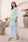 Buy_Chrkha_Blue Cotton Satin Printed Floral Round Embroidered Kurta Slit Pant Set _Online_at_Aza_Fashions