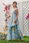 Chrkha_Blue Chanderi Silk Printed Floral Asymmetric Kaftan And Flared Pant Set _Online_at_Aza_Fashions