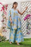 Shop_Chrkha_Blue Chanderi Silk Printed Floral Asymmetric Kaftan And Flared Pant Set _at_Aza_Fashions