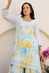 Chrkha_Blue Chanderi Silk Printed Floral Round Honeycomb Embroidered Kurta Sharara Set _at_Aza_Fashions