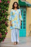 Chrkha_Blue Chanderi Silk Printed Floral Sequin Honeycomb Kurta Straight Slit Pant Set_Online_at_Aza_Fashions