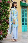 Shop_Chrkha_Blue Chanderi Silk Printed Floral Sequin Honeycomb Kurta Straight Slit Pant Set_Online_at_Aza_Fashions
