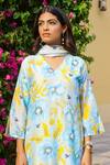 Chrkha_Blue Chanderi Silk Printed Floral Sequin Honeycomb Kurta Straight Slit Pant Set_at_Aza_Fashions
