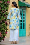 Shop_Chrkha_Blue Chanderi Silk Printed Floral Sequin Honeycomb Kurta Straight Slit Pant Set_at_Aza_Fashions