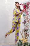 Shop_Chrkha_Green Cotton Satin Printed Floral Collared Shirt And Pant Set _Online_at_Aza_Fashions