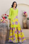 Shop_Chrkha_Green Chanderi Silk Printed Floral Round Straight Kurta Sharara Set _Online_at_Aza_Fashions