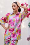 Chrkha_Blue Cotton Satin Printed Floral Collared Shirt And Pant Set _at_Aza_Fashions