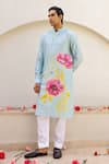 Chrkha_Blue Chanderi Silk Printed Floral Placement Kurta With Pant _Online_at_Aza_Fashions