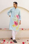 Buy_Chrkha_Blue Chanderi Silk Printed Floral Placement Kurta With Pant _at_Aza_Fashions