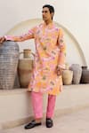 Shop_Chrkha_Pink Chanderi Silk Printed Floral Contrast Straight Kurta Pant Set _Online_at_Aza_Fashions