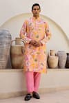 Buy_Chrkha_Pink Chanderi Silk Printed Floral Contrast Straight Kurta Pant Set _at_Aza_Fashions