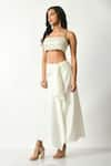 Salt and Spring_Off White Satin Hand Embroidered Sequin Straight Floral Bustier Skirt Set _Online_at_Aza_Fashions