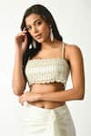 Shop_Salt and Spring_Off White Satin Hand Embroidered Sequin Straight Floral Bustier Skirt Set _Online_at_Aza_Fashions