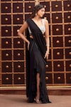 Buy_Aariyana Couture_Black Bustier Modal Satin Hand Embroidered Pearls Pre-draped Ruffle Saree With _at_Aza_Fashions