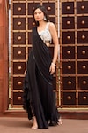 Buy_Aariyana Couture_Black Bustier Modal Satin Hand Embroidered Pearls Pre-draped Ruffle Saree With _Online_at_Aza_Fashions