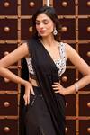 Buy_Aariyana Couture_Black Bustier Modal Satin Hand Embroidered Pearls Pre-draped Ruffle Saree With 