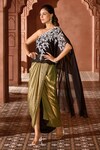 Shop_Aariyana Couture_Black Top Viscose Georgette Hand Embroidered Floral Vine One And Draped Skirt Set _at_Aza_Fashions