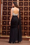 Aariyana Couture_Black Bustier Modal Satin Hand Embroidered Pearls Pre-draped Ruffle Saree With _Online_at_Aza_Fashions