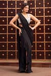 Aariyana Couture_Black Bustier Modal Satin Hand Pre-draped Ruffle Saree With _Online