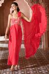 Shop_Aariyana Couture_Coral Viscose Crepe Embroidered Sweetheart Ruffle Draped Gown 