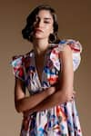 NOIB_Multi Color Giza Poplin Printed Lotus Plunge V Neck Estella Dress  _Online_at_Aza_Fashions