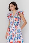 Buy_NOIB_Multi Color Giza Poplin Printed Lotus Plunge V Neck Estella Dress  _Online_at_Aza_Fashions