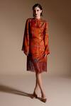 Buy NOIB Orange Bamboo Fringe High Neck Hazel Foliage Botanical Print Dress at Aza Fashions Buy_NOIB_Orange Bamboo Fringe High Neck Hazel Foliage Botanical Print Dress_at_Aza_Fashions