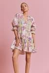 Buy_NOIB_Pink Giza Poplin Print Floral Notched Collar Sofia Mini Glory Dress  _at_Aza_Fashions