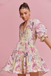 Buy_NOIB_Pink Giza Poplin Print Floral Notched Collar Sofia Mini Glory Dress  _Online_at_Aza_Fashions