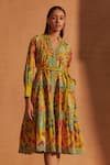 Buy_NOIB_Multi Color Giza Poplin Print Running Leaf Vera Dress With Belt  _at_Aza_Fashions