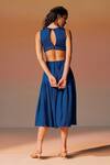 Shop_Noib_Blue Modal, Satin V-neck Solid Cut-out Midi Dress _at_Aza_Fashions