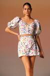 Buy_Noib_Multi Color Cotton Printed Floral V-neck Top And Skort Set _at_Aza_Fashions